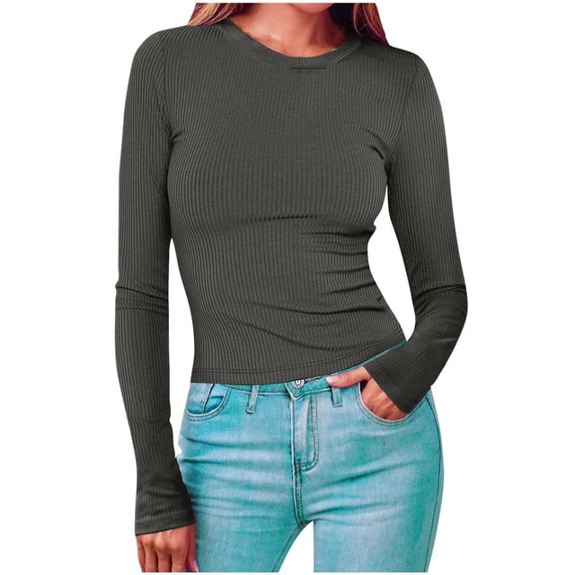 Timegard Hauts pour Femmes Col Ras du Cou Manches Longues Confortables Couleur Unie Camisoles Automne Décontracté Ajusté T-Shirts Hauts