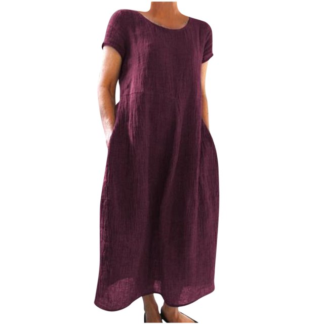 Robes d'Été pour Femmes 2023 Robes pour Femmes Liquidation Mode Femmes Été Uni Décontracté Col Rond Manches Courtes Vacances Poches Robe. une Vue Orientée vers l'Avant d'Une Robe d'Été Décontractée de Couleur Bourgogne Foncé Uni, avec une Encolure Ronde, des Manches Courtes et des Poches Latérales. Fabriquée en Tissu polyester Léger, Cette Robe Élégante et Confortable Est Parfaite pour les Sorties Décontractées, les Vacances Ou le Port Quotidien pendant l'Été et le Printemps.
