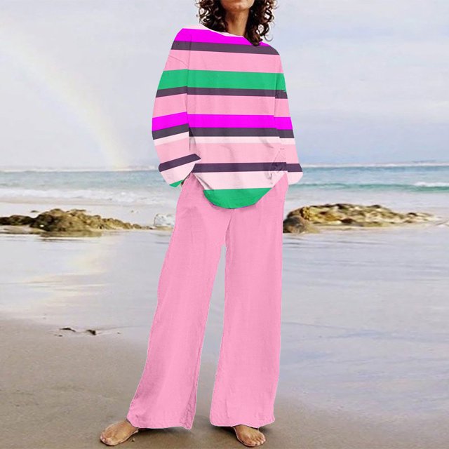 TIMIFIS Ensemble 2 Pcs d'Automne pour Femmes, Décontracté, Ample, Col Rond, Rayé, Haut à Manches Longues et Ensemble Pantalon à Jambe Grand Uni
