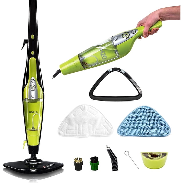 H2O HD 5 in 1 All Purpose Hand Held Cleaner for Home Use, shown with its 8-piece cleaning kit. The image displays the lightweight, chemical-free steam cleaner in a vibrant green and black design, featuring digital controls and a detachable handheld steamer. Accessories include a water filter, glider, microfiber cloth pad, coral cloth floor pad, nozzle, nylon brush, metal brush, stainless steel limescale cleaning pin, and triangular mop head. Suitable for cleaning hard floors, carpets, windows, upholstery, and garments.