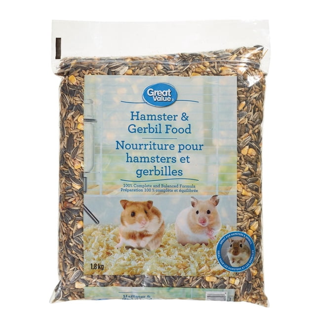 Great Value Hamster & Gerbil Food in a clear 1.8 kg bag containing mixed seeds and grains, formulated as a 100% complete and balanced small animal food diet for adult hamsters and gerbils, with images of two hamsters on bedding on the label.