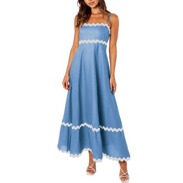 WTXUE Robes Maxi en Liquidation, Robe Nuisette Sans Manches Élégante à Encolure Carrée, Femmes 2024 Été Robe Longue Fluide à Étages Type Camisole Unie Vestidos Casuales Para Mujer Verano Maxi Women, Bleu+s(US:2-4)