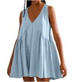 thumbnail image 1 of Penkiiy Robe Courte Sans Manches à Col en V pour Femme, Ample, d'Été, Plissée, Évasée et Fluide, L Bleu Pâle, 1 of 7