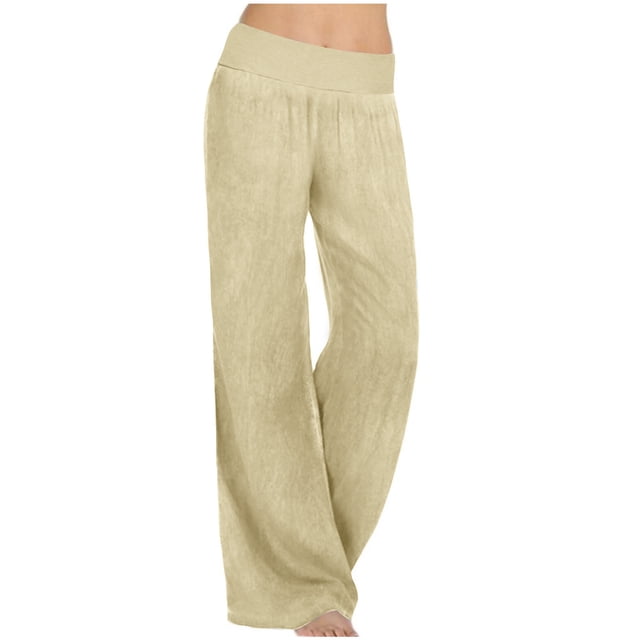 Penkiiy Pantalon Grand Décontracté Taille Haute Extensible pour Femme, Beige, 3TG