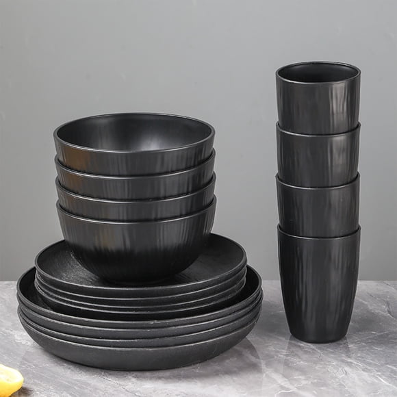 Dinnerware Set, EDHITNR Shatterproof Microwave Safe Plastic Dinnerware, 16-Piece Wheat Straw Plates Bowls Cups Dishwasher Safe Stackable, Black