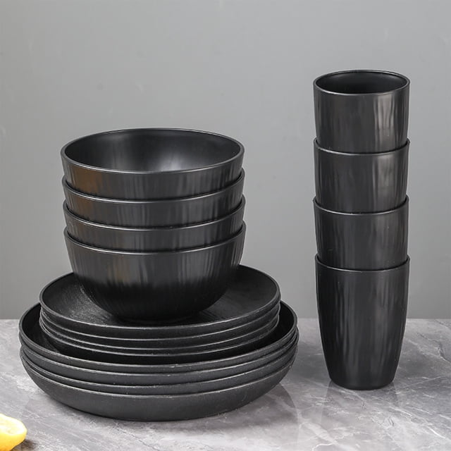 CaiYueKe Wheat Straw Dinnerware Set of 16 Shatterproof Plates Bowls Cups Microwave Dishwasher Safe Reusable Eco Friendly Plastic Tableware for Kitchen Home Use