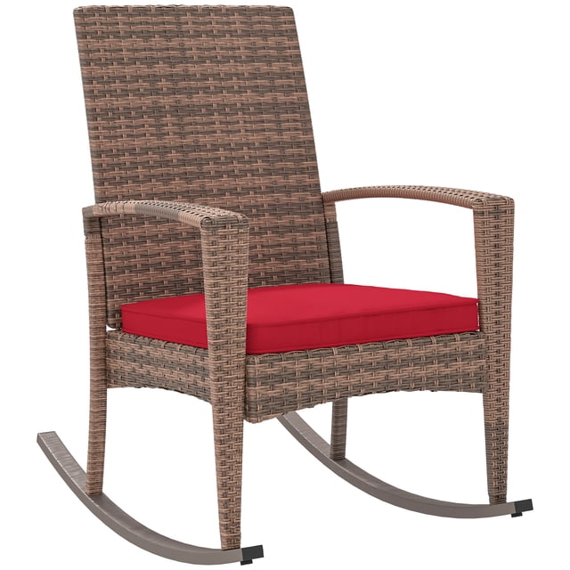 Outsunny Chaise Berçante d'Extérieur en Rotin PE avec Coussin Rouge Vin. Cette Chaise Berçante de Style Jardin Présente un Cadre en Acier Enduit de Poudre Enveloppé d'Un Osier PE durable pour une Résistance à la Lumière par Temps Chaud. la Chaise Comprend un Siège Grand, un Dossier Haut et des Accoudoirs pour le Confort, avec un Coussin Rouge Vin Rembourré avec une Housse Amovible et Lavable. les Dimensions Sont de 26 Pouces de Large, 34,6 Pouces de Profondeur et 38,6 Pouces de Hauteur, avec une Capacité de Charge de 352 Lb.