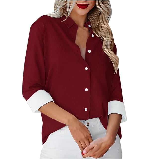 Besolor Button Down Shirts for Women Solid Color Long Sleeve Colared Tops Loose Office Blouses for Casual Work