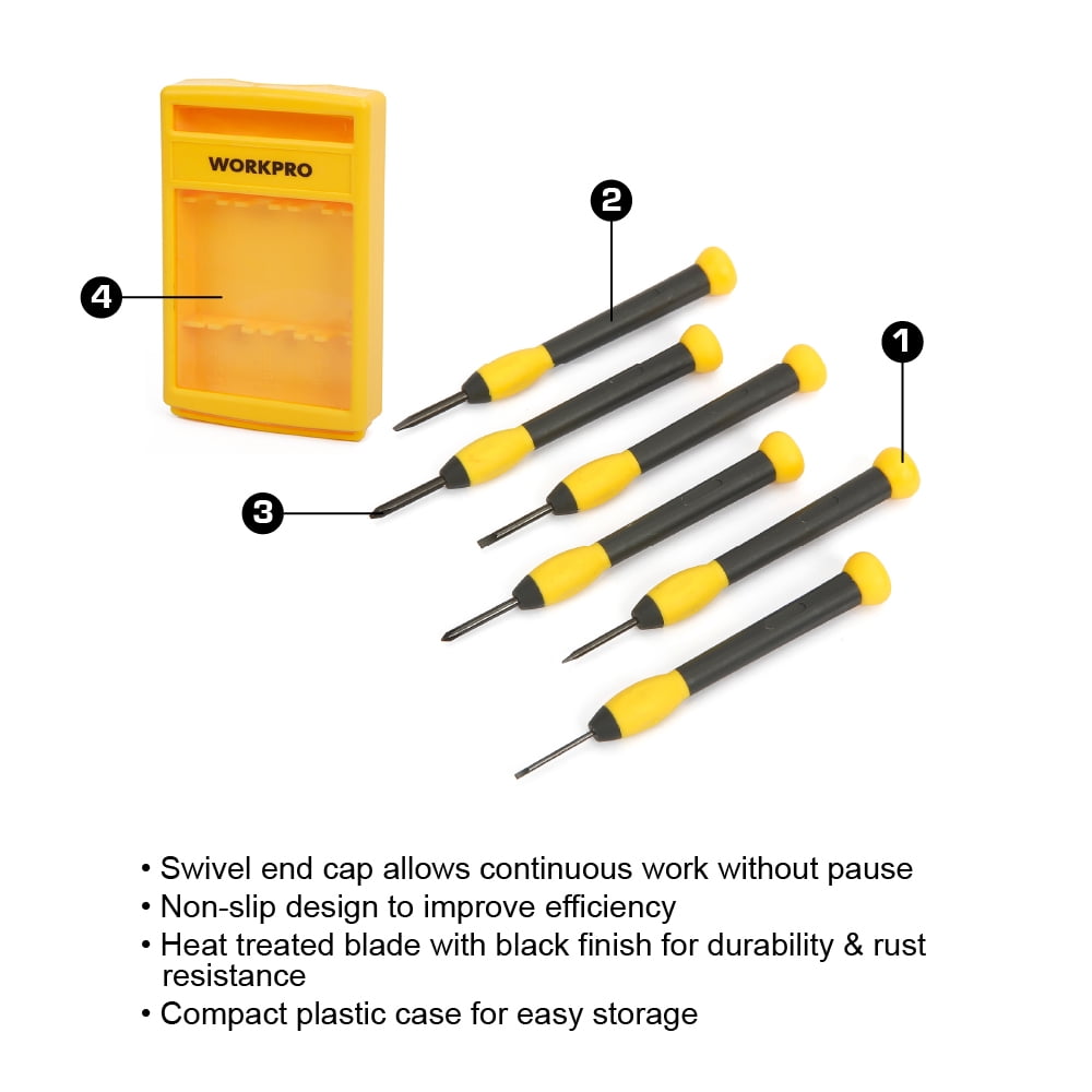 Tournevis de précision WorkPro 6 pièces, Phillips, tailles fendues, boîtier en plastique