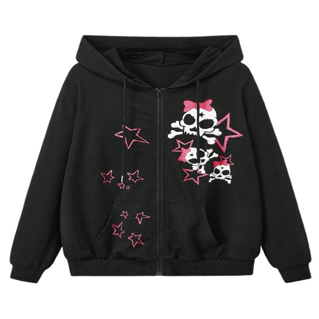 Zip Up Coat for Women featuring Skull and Star Pattern Hooded Sweatshirt Jacket