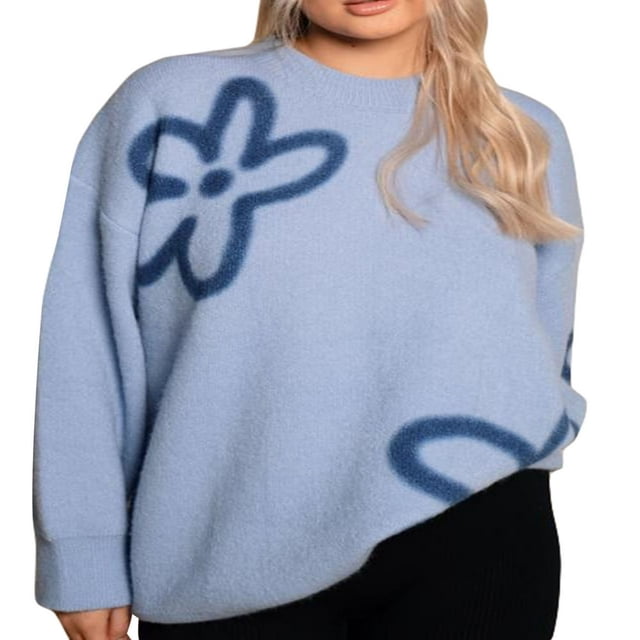 Women Flower Print Knit Sweater Loose Long Sleeve Pullovers Jumpers