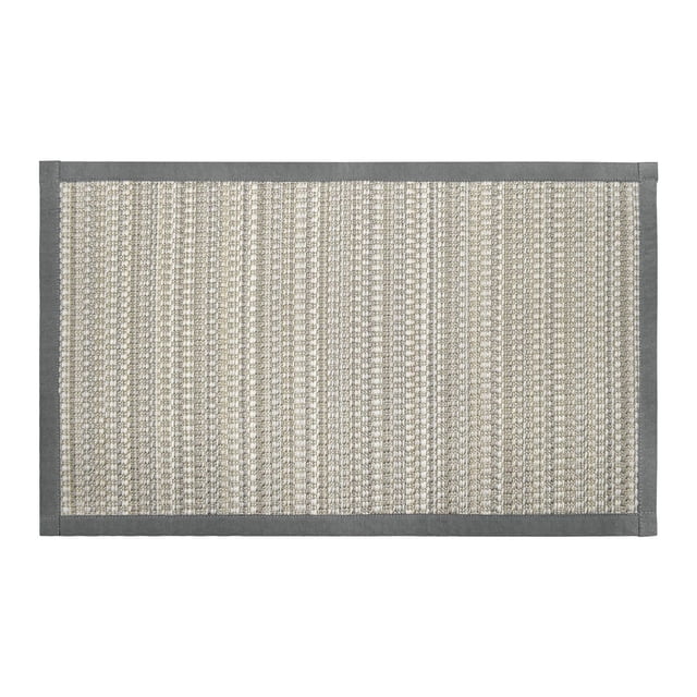 Better Homes & Gardens Black & White Diamond 20" x 34" indoor kitchen rug made of 65% polypropylene and 35% polyester with a grey cotton-polyester border, featuring a woven diamond pattern designed for kitchen floors and suitable as an entryway mat.