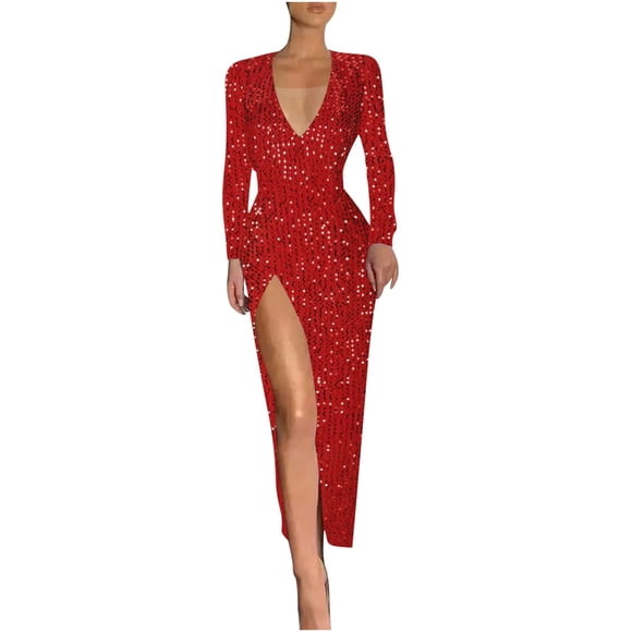 HVOBTTY Spring Casual Long Sleeve Dresses for Women, Ladies' Split Sequin Floor Length Evening Gown Long Sleeved V-Neck Dress Red, M