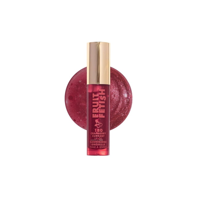 Milani Fruit Fetish Lip Oil 180 Cranberry Currant with a glossy deep red tint and gold cap, shown with a circular swatch of shimmering lip oil behind it, providing hydration and nourishment with fruit extracts and Vitamin E, suitable for adding subtle colour and shine.