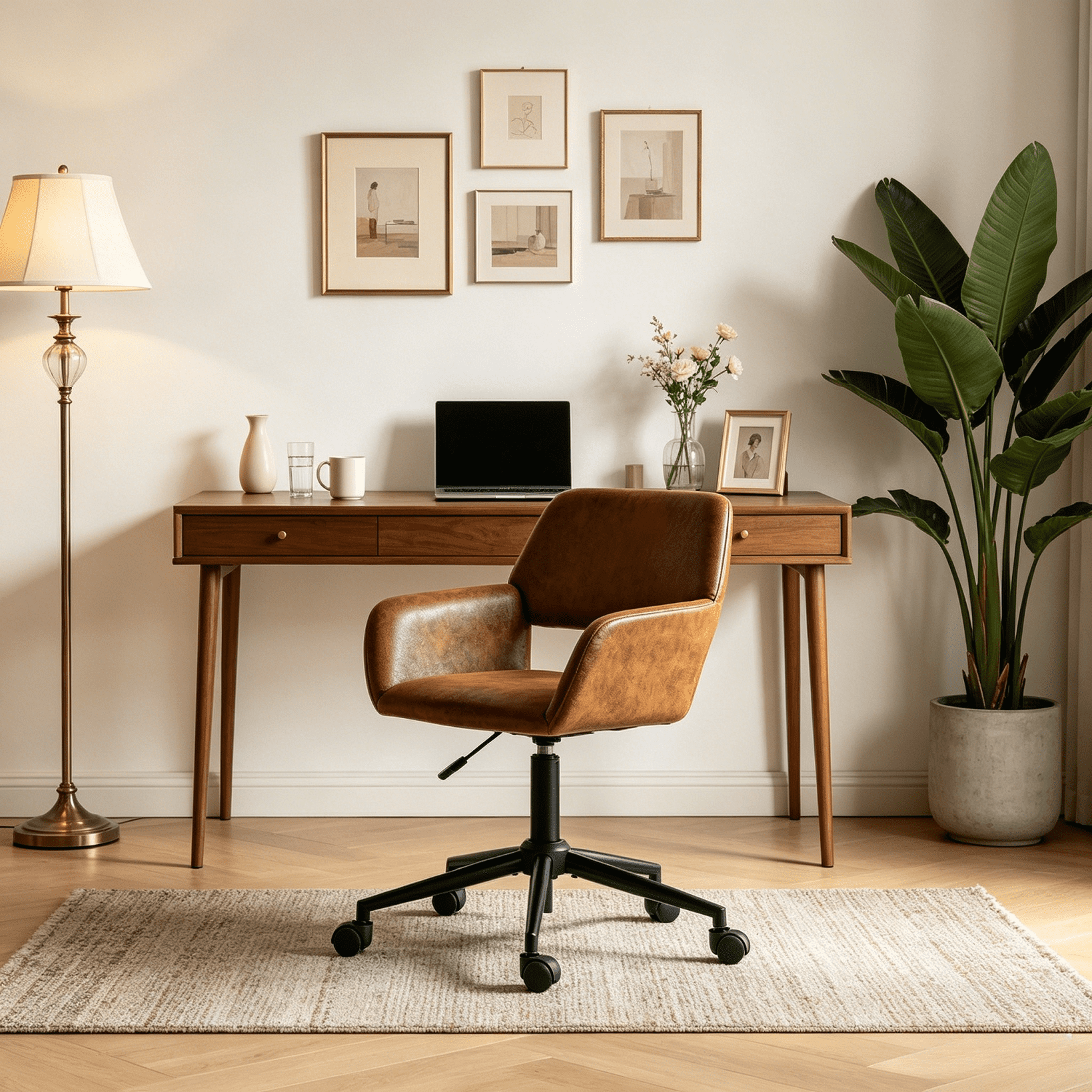 Homy Casa Compact Home Office Chair, Brown Faux Suede Desk Chair with 360° Swivel, Adjustable Height and Rolling Base