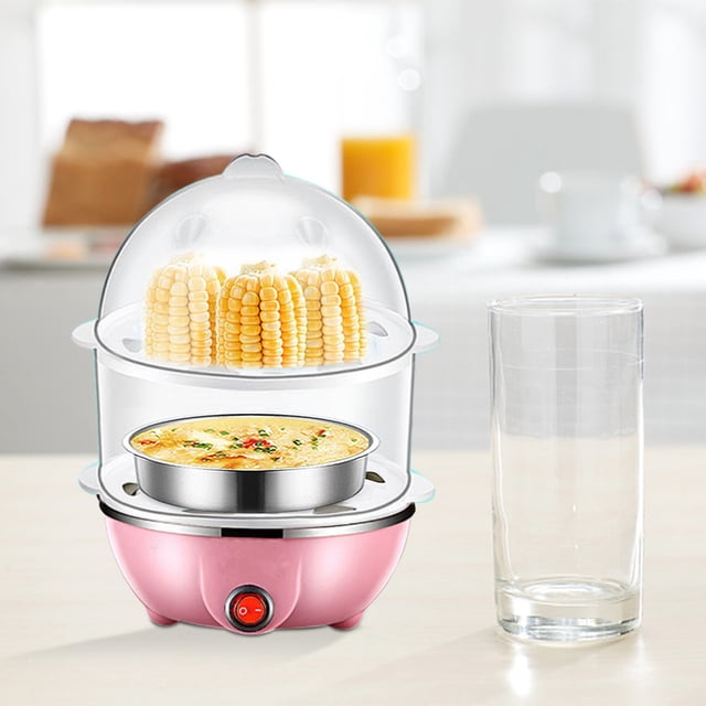 EGNMCR Cuiseur d'Oeufs Multifonction (double Couche, Norme Américaine) Bouilloire à Oeufs avec base Rose et Conception Transparente à double Couche. la Couche Supérieure Présente du Maïs Cuit à la Vapeur, pendant Que la Couche Inférieure Contient un Plat d'Oeufs Cuits à la Vapeur. Comprend un Bouton d'Alimentation Rouge visible sur la base. Idéal pour Cuire des Oeufs à la Vapeur, du Maïs, des Petits Pains et Réchauffer le Lait. Format Compact Convenant aux Dortoirs, aux VR et aux Bureaux à Domicile.