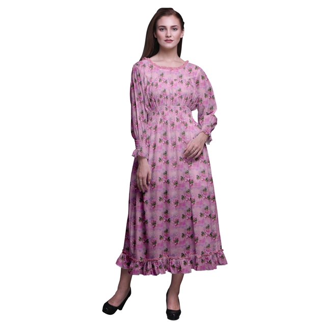 Bimba Women Cotton Smocked Boho Renaissance Long Ruffle Maxi Dress-X-Small