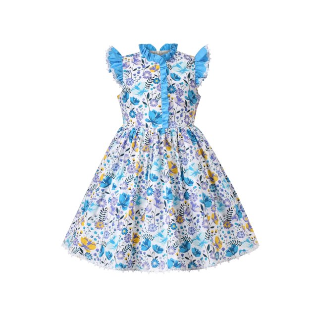 Girls Dress Blue Floral Vintage Ruffle Collar Flutter Flare Sleeve 12 Years