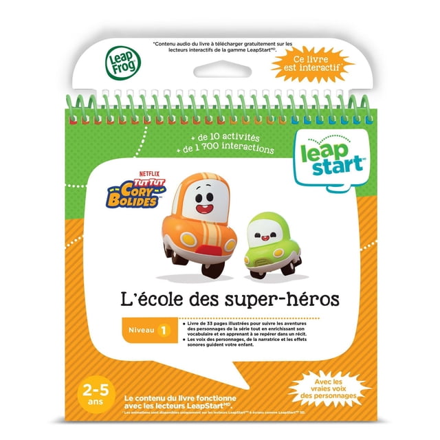 LeapFrog LeapStart Go! Go! Cory Carson Cory Carson Superhero School Interactive Activity Book - French Version showing a spiral-bound educational book cover with colorful cartoon cars Cory and Chrissy, featuring over 10 interactive activities and 1,700 learning interactions for children aged 2-5, compatible with LeapStart educational electronics for kids.