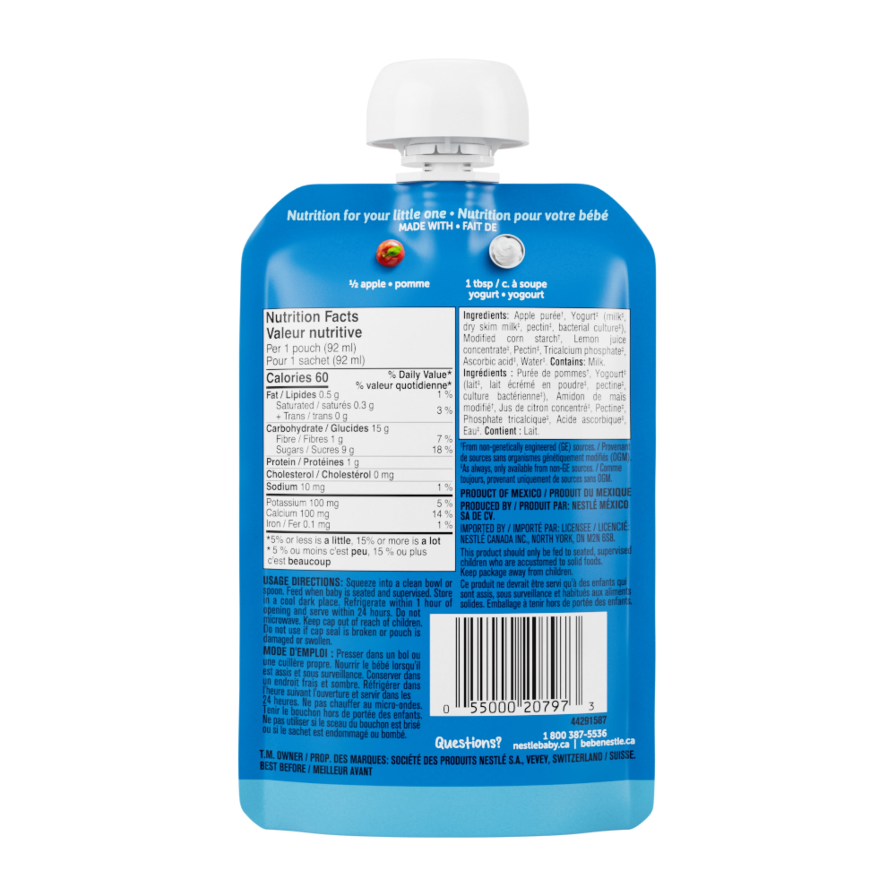 GERBER Purée Pommes et Yogourt, Faite avec de Vrais Fruits et du Yogourt, pour Bébés et Tout-Petits, Sans Sucre Ajouté, Sans Sel Ajouté, non-OGM, Sachet Refermable avec Bec 92ml