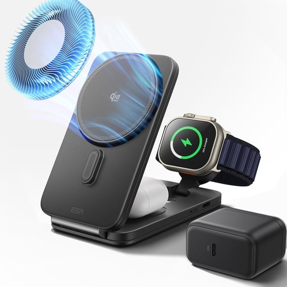 ESR 3 in 1 Charging Station for Apple, Qi2.2 25W MagSafe Charger with CryoBoost, Phone-Cooling Wireless Charging Station Foldable