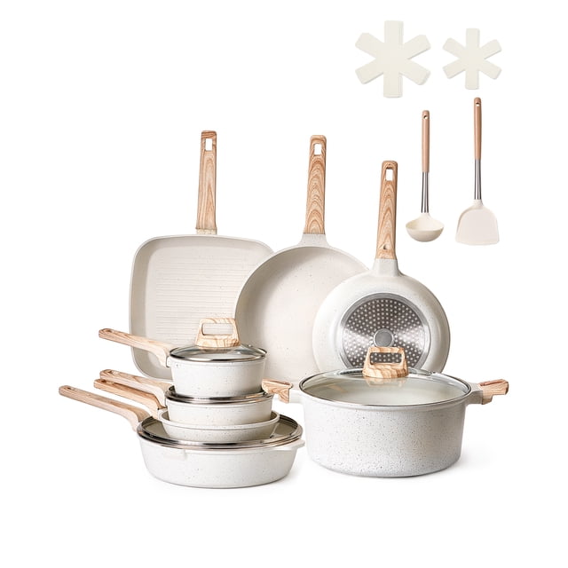 VEVOR 19 Piece Pots and Pans Set Granite Nonstick Kitchen Cookware Induction White