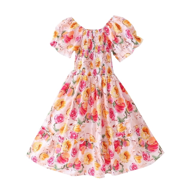 Hpapadks Robe pour Filles Extensible Manches Courtes Florale Vacances en Bord de Mer Robe Princesse Robes pour Filles Rouge 10-11 Ans