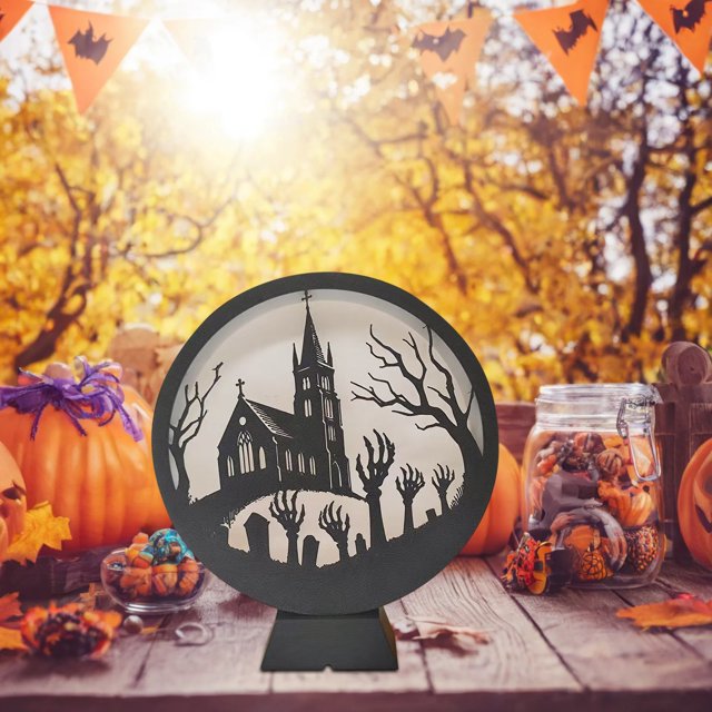 WHEANG Halloween Decorations Indoor Glass Globe 6.3" Battery Operated LED Lights With Bat Pattern Black Halloween Decor For Table Home