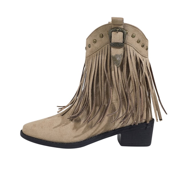LOVZFMLL Cowboy Bottes pour Femmes Bottines à la Cheville Bout Rond Antidérapantes Talon Bloc Bas à Franges Chaussures de Mode Automne Hiver