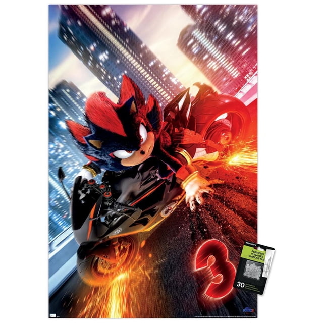 Sonic the Hedgehog 3 - Affiche Murale d'Une Feuille de Moto de l'Ombre, 14,725 Pouces x 22,375 Pouces Encadrée, Représentant Shadow the Hedgehog Chevauchant une Moto Noire et Rouge Dérivant dans une Rue de la Ville la Nuit avec des Étincelles du Pneu Arrière, des Gratte-Ciel Illuminés en Arrière-Plan, et un Numéro 3 Rouge Lumineux sur la Route, Convient pour art Mural de Chambre Ou de Bureau.