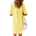 thumbnail image 3 of Pisexur Robes d'Été pour Femmes Couleur Unie à Rayures en Coton et Lin Mode Décontractée Robe Midi à Col en V Fluide Ample à Manches Courtes Robe d'Été Confortable Évasée Boutonnée Robe de Plage Robe Grande Taille P-3TG, 3 of 7