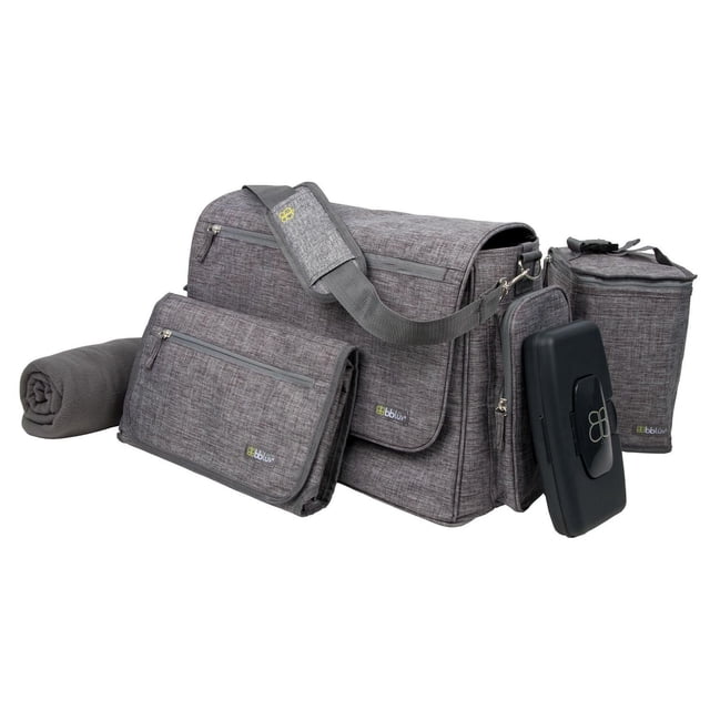 Bbluv - Ultra - Sac à Couches Complet en Gris Chiné avec Capacité de 30 L, 15 Poches, Sac Alimentaire Isolé, Matelas à Langer Extra-Grand avec Sangles de Transport, Couverture en Molleton, Sangles Universelles pour Poussette et Fond Renforcé pour des Essentiels de Bébé Organisés et un Fixation Facile à la Poussette.