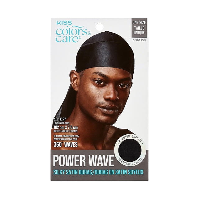 KISS - Colors & Care Power Wave Silky Satin Durag in black on packaging showing a model wearing the durag. Made of smooth satin with extra-long 40" x 3" tails for secure compression to create 360° waves. One size fits all with premium satin fabric, suitable as a shoe care accessory.