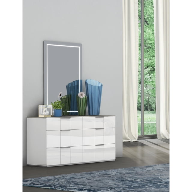 Commode et miroir K-Living Harvey bicolores (blanc brillant et gris flanelle) avec éclairage LED