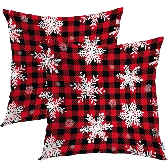 Christmas Buffalo Red Plaid Pillow Covers 18X18 Inch Set of 2, Snowflakes Buffalo Plaid Winter Pattern Festive Retro Texture Cushion Throw Pillow Covers Outdoor Sofa Couch Pillowcase