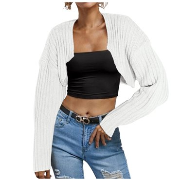 DuoJiaJ Women's Cardigan,Women Long Sleeve Open Front Ribbed Knit Crop Cardigan Solid Loose Drop Shoulder Bolero Crop Sweater Top