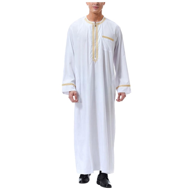 Men's Dress Robe with Embroidered Pocket Long Sleeve Shirt Traditional Arab Style Prayer Clothing Full-Length Coat and Robe for Men