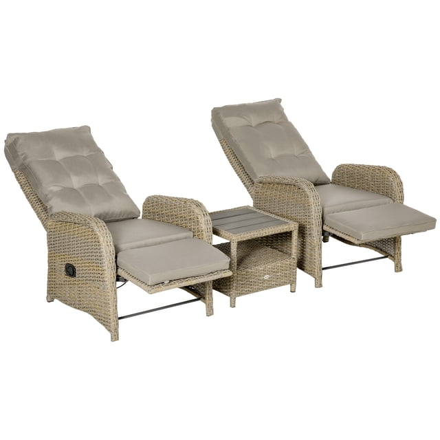 Outsunny 3 Pieces Patio Furniture Set Aluminum Frame Sofa Set in khaki, featuring two reclined chairs with adjustable gas spring mechanisms and padded cushions, and a coffee table with a wood grain plastic top. The set is made of weather-resistant PE rattan and lightweight aluminum, suitable for indoor and outdoor use. Dimensions include 26.5 inches wide reclined chairs and a 17.75-inch square coffee table.