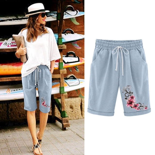 LOVZFMLL Women's Elastic Waist Printing Drawstring Shorts Light Blue L