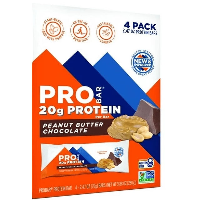 ProBar Protein Bar Peanut Butter Chocolate 4 pack containing 20g plant-based protein per bar, gluten free and non-GMO verified. Packaging highlights sustainable sourcing, on-the-go nutrition, and improved texture with the same great taste.