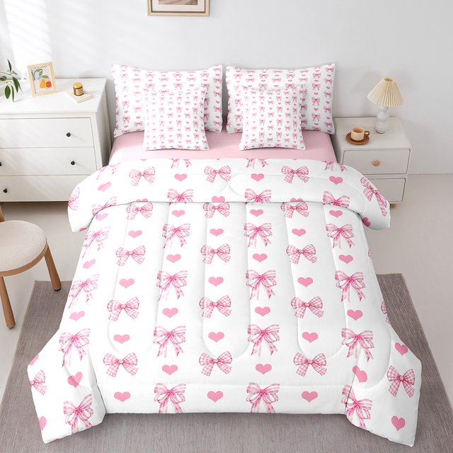 Erosebridal Literie Nœud Rose Format Simple, Lit en Sac Kawaii Cœur Format Simple, Déco Style Princesse, Réversible 7 Pcs