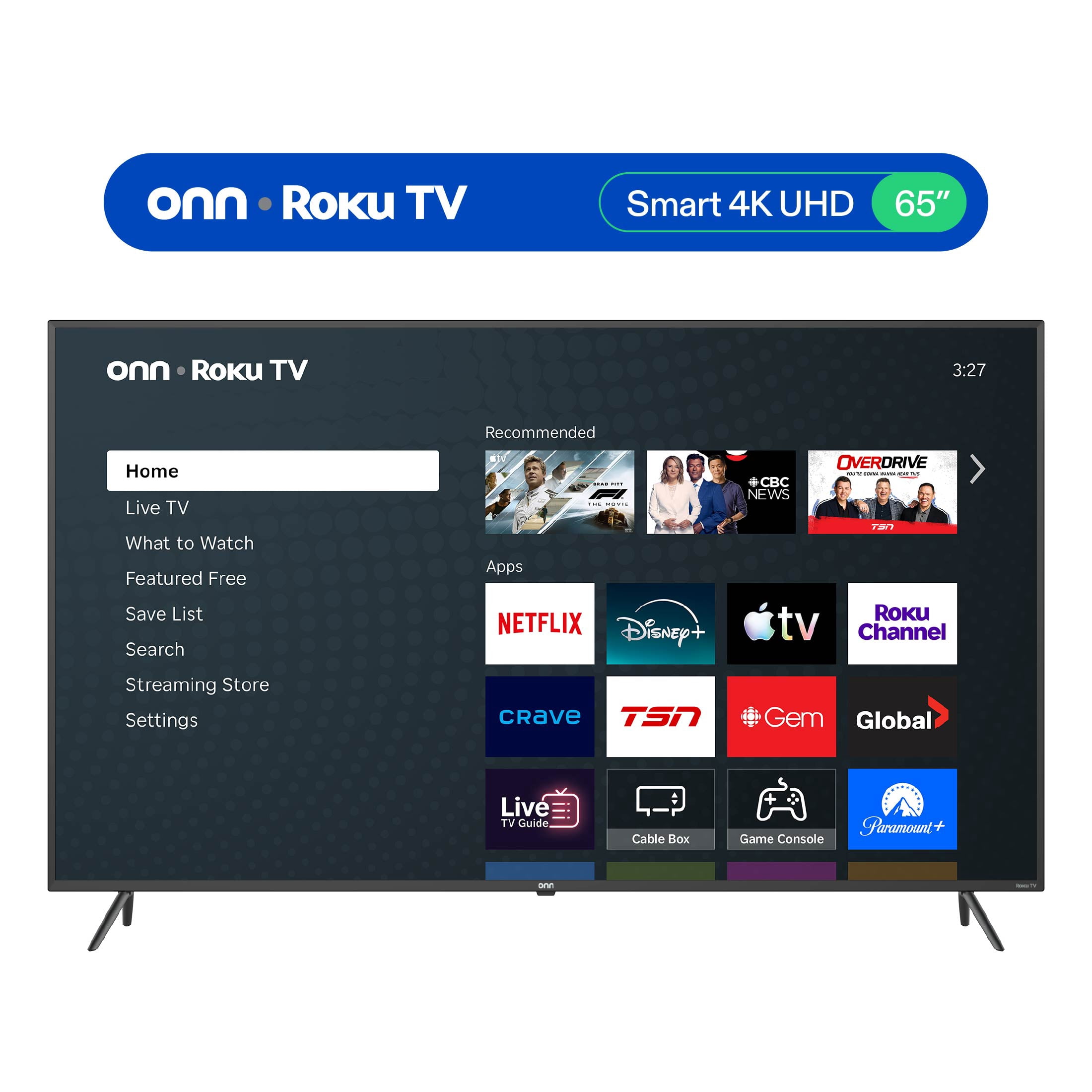 onn 65” 4K UHD HDR10 Smart Roku TV