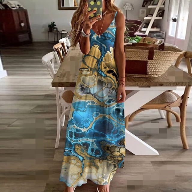 SMihono Robe Maxi Bohème d'Été pour Femmes Grande Taille Mode Femme Bretelles Taille Mi-Haute Col en V Sans Manches Rayée Imprimée Robe Longue de Plage
