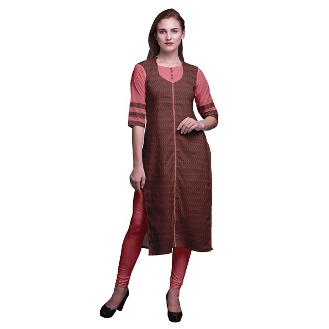 Bimba Kurti Longue Droite pour Femmes Imprimée Indienne en Rayonne Slub Tunique à Manches 3/4