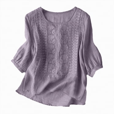 Splozh Chandails pour Femmes Chemises en Lin Décontractées pour Femmes Rétro Broderie Été Amples Manches 3/4 T-Shirts Tuniques Hauts Blouses Décontractées Vêtements Boho Violet,2TG
