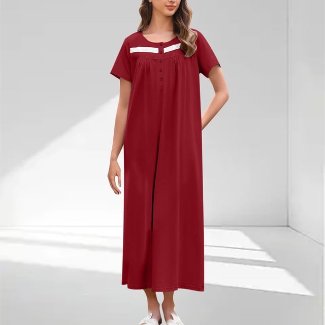Ovzne Robes d'Été pour Femmes Robe de Plage Femmes Couleur Unie Col Rond Bouton Manches Courtes Robe Plissée à l'Avant Nuisette Robe d'Été Manches Courtes Liquidation