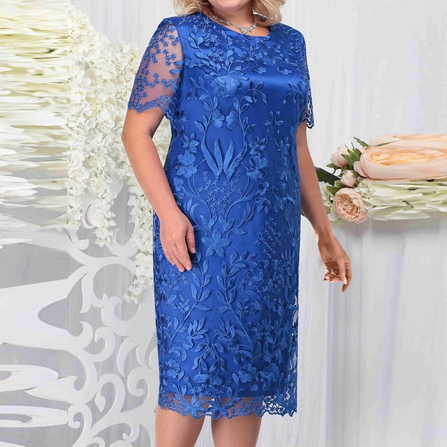 Jusqu'à 65 % de Rabais! Robes d'Été à la Mode pour Femmes 2024 Grande Taille Robe à Manches Courtes avec Empiècements Brodés en Dentelle Cocktail Fête