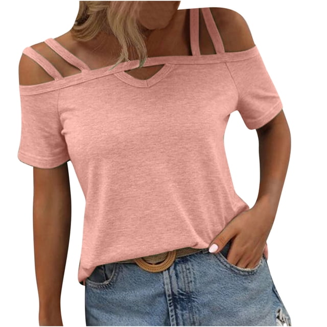 T-shirts pour Femmes Mode Mode pour Femmes Décontracté Couleur Unie T-Shirt à Col à Bretelles Haut Manches 1/2 Hauts pour Femmes