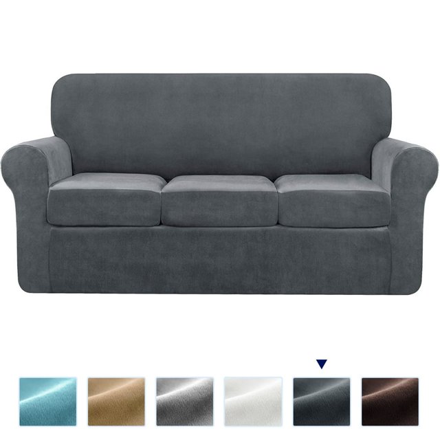 Housse de Canapé Extensible en Velours 4 Pcs 2024, Housse de Protection Séparée pour Coussins (Canapé Sable)