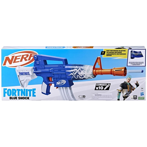 Nerf Fortnite Blue Shock Blaster, 10-Dart Clip, 10 Elite Nerf